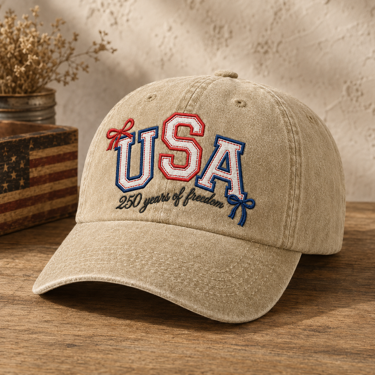 USA 250 Years of Freedom Washed Cap, Patriotic Embroidered Baseball Hat - washed cap - lifestyle view 2