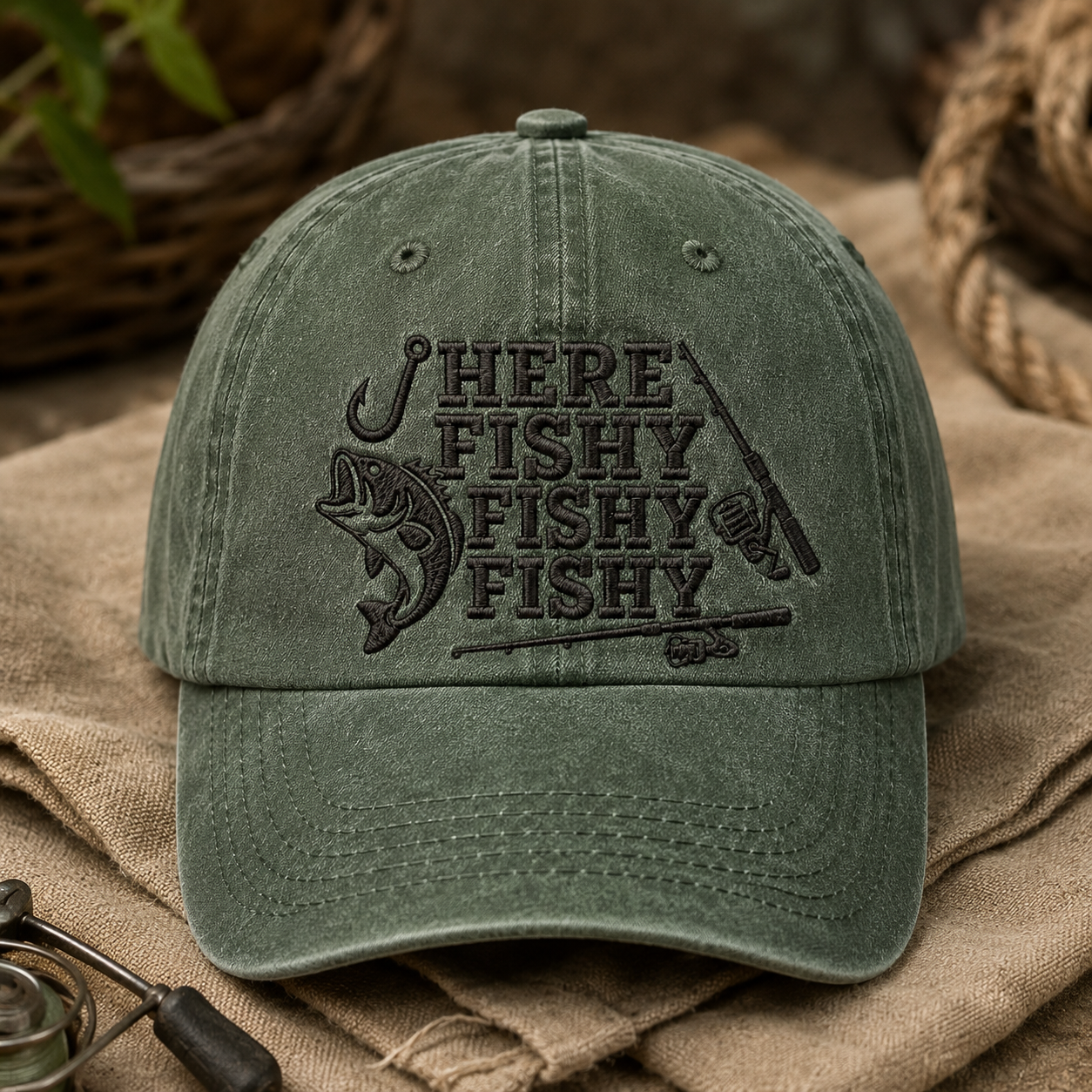 Here Fishy Fishy Fishy Washed Cap, Funny Bass Fishing Hat - Washed Cap - lifestyle view 2