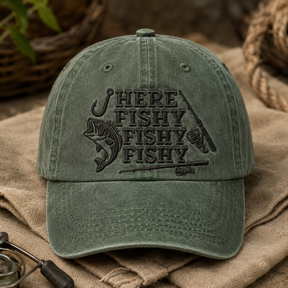 Here Fishy Fishy Fishy Washed Cap, Funny Bass Fishing Hat - Washed Cap - lifestyle view 2