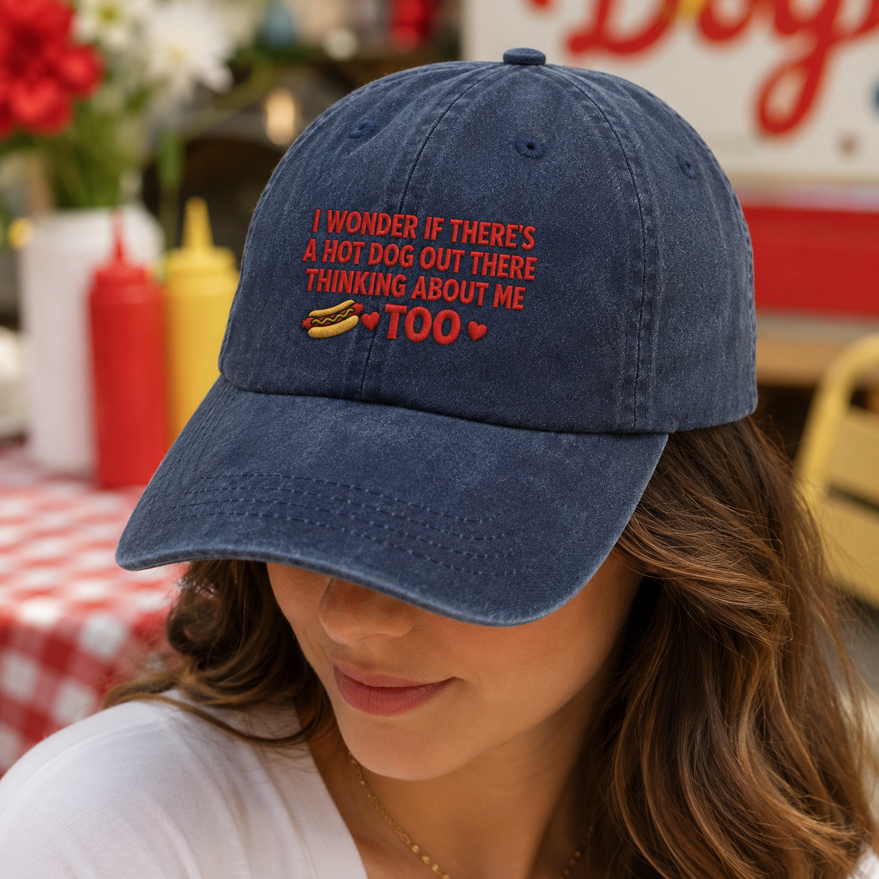 I Wonder If There's a Hot Dog Out There Thinking About Me Too Washed Cap, Picnic Date Gift - Washed Cap - lifestyle view 3