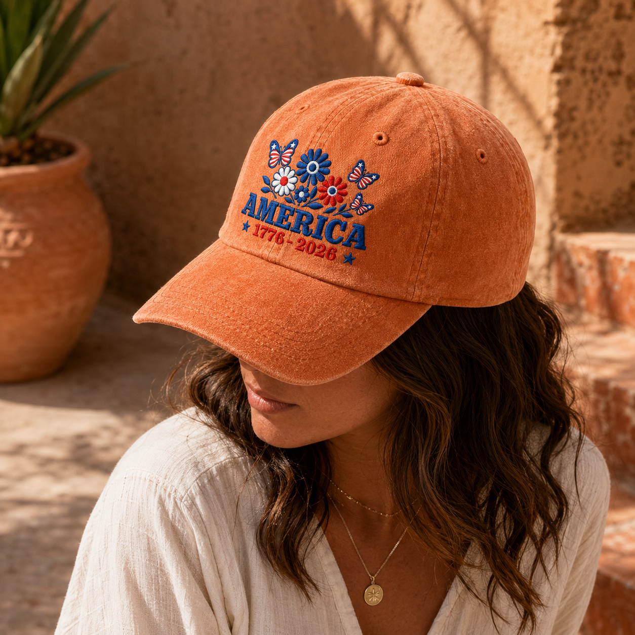 America 1776-2026 Floral Washed Cap, Patriotic Butterfly Headwear - washed cap - lifestyle view 9