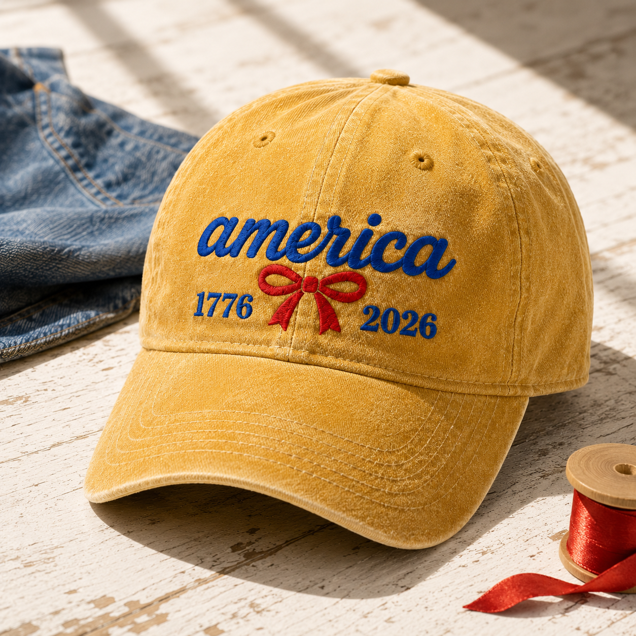America 1776 2026 Washed Cap, Red Bow Patriotic Dad Hat for 250th Birthday - washed cap - lifestyle view 4