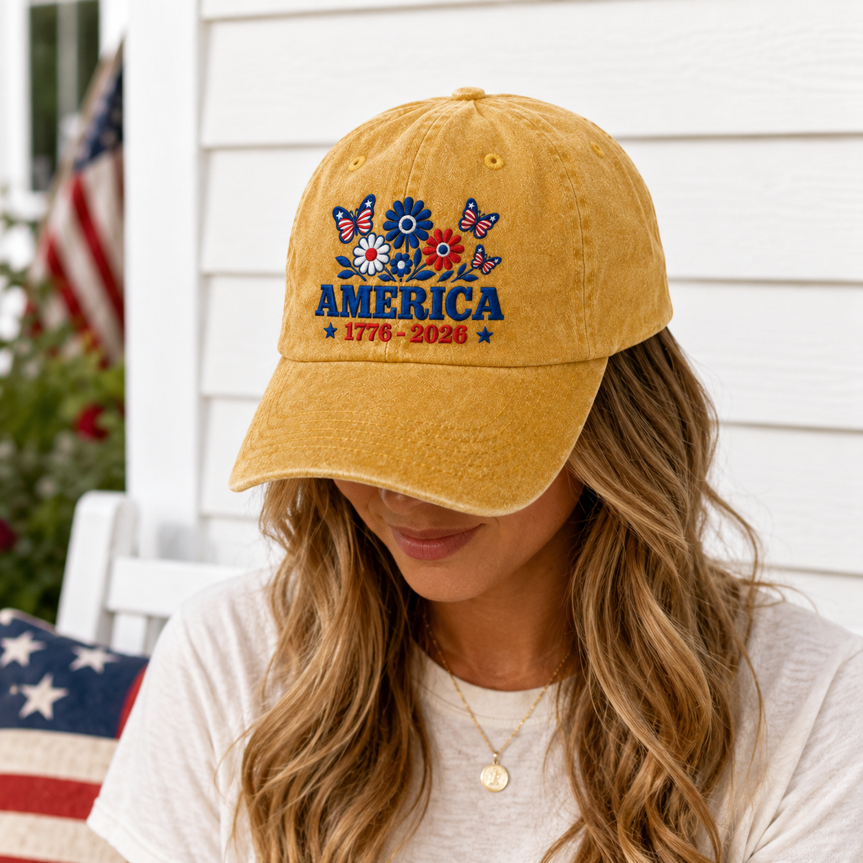 America 1776-2026 Floral Washed Cap, Patriotic Butterfly Headwear - washed cap - lifestyle view 6