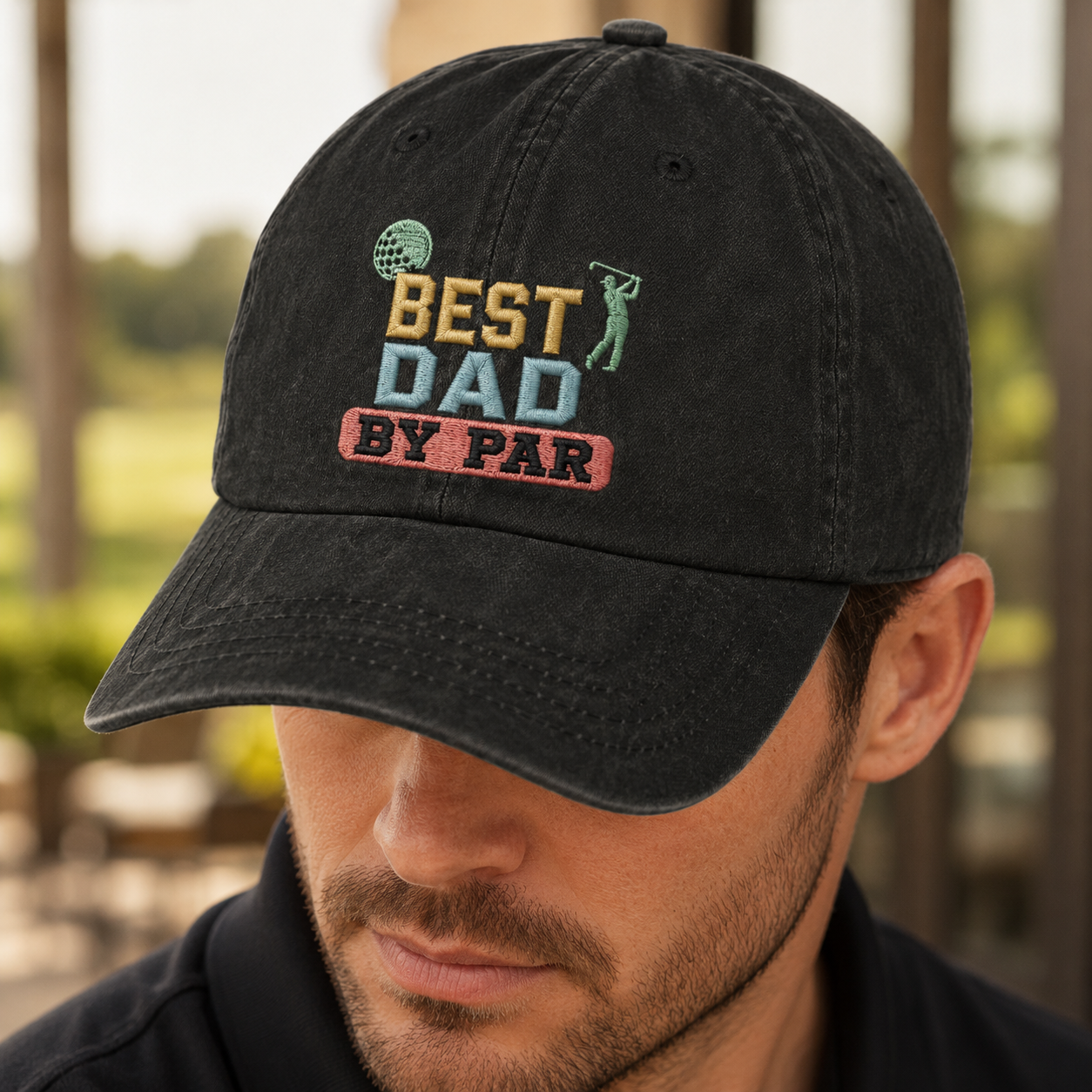 Best Dad By Par Washed Cap, Golf Dad Embroidered Hat for Father's Day - Washed Cap - lifestyle view 4