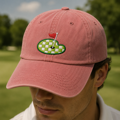 Checkered Golf Green Washed Cap, Embroidered Golf Flag Hat for Golfers - Washed Cap - lifestyle view 3