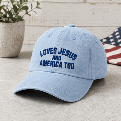 Loves Jesus and America Too Washed Cap, Patriotic Christian Dad Hat - Washed Cap - lifestyle view 5