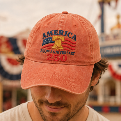 America 250th Anniversary Washed Cap, Patriotic Liberty Bell USA Flag Hat - washed cap - detail view