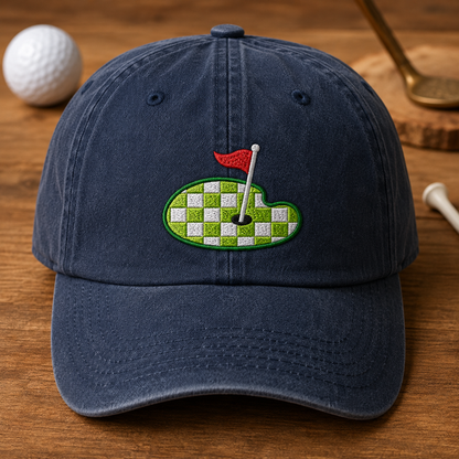 Checkered Golf Green Washed Cap, Embroidered Golf Flag Hat for Golfers - Washed Cap - front view