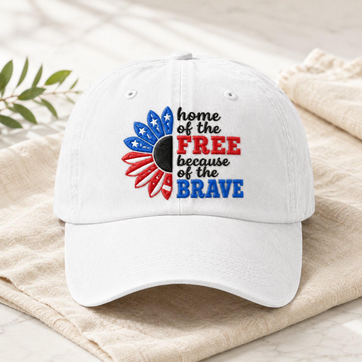 Home of the Free Because of the Brave Washed Cap, Patriotic Sunflower Military Gift - washed cap - lifestyle view 3