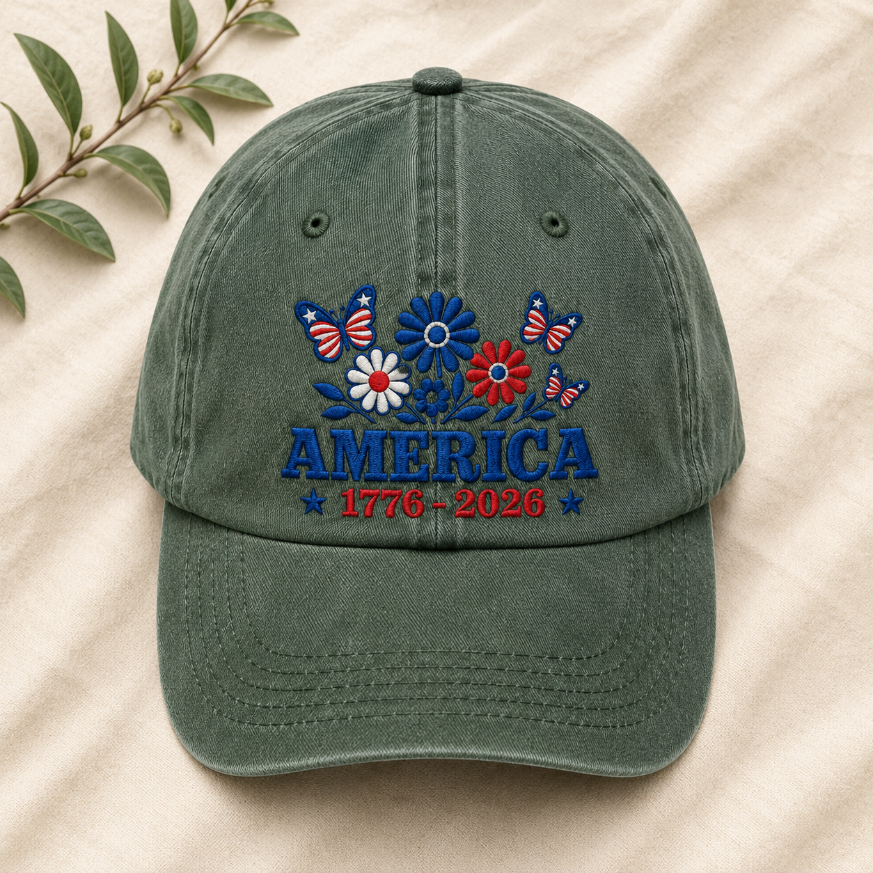 America 1776-2026 Floral Washed Cap, Patriotic Butterfly Headwear - washed cap - lifestyle view 5