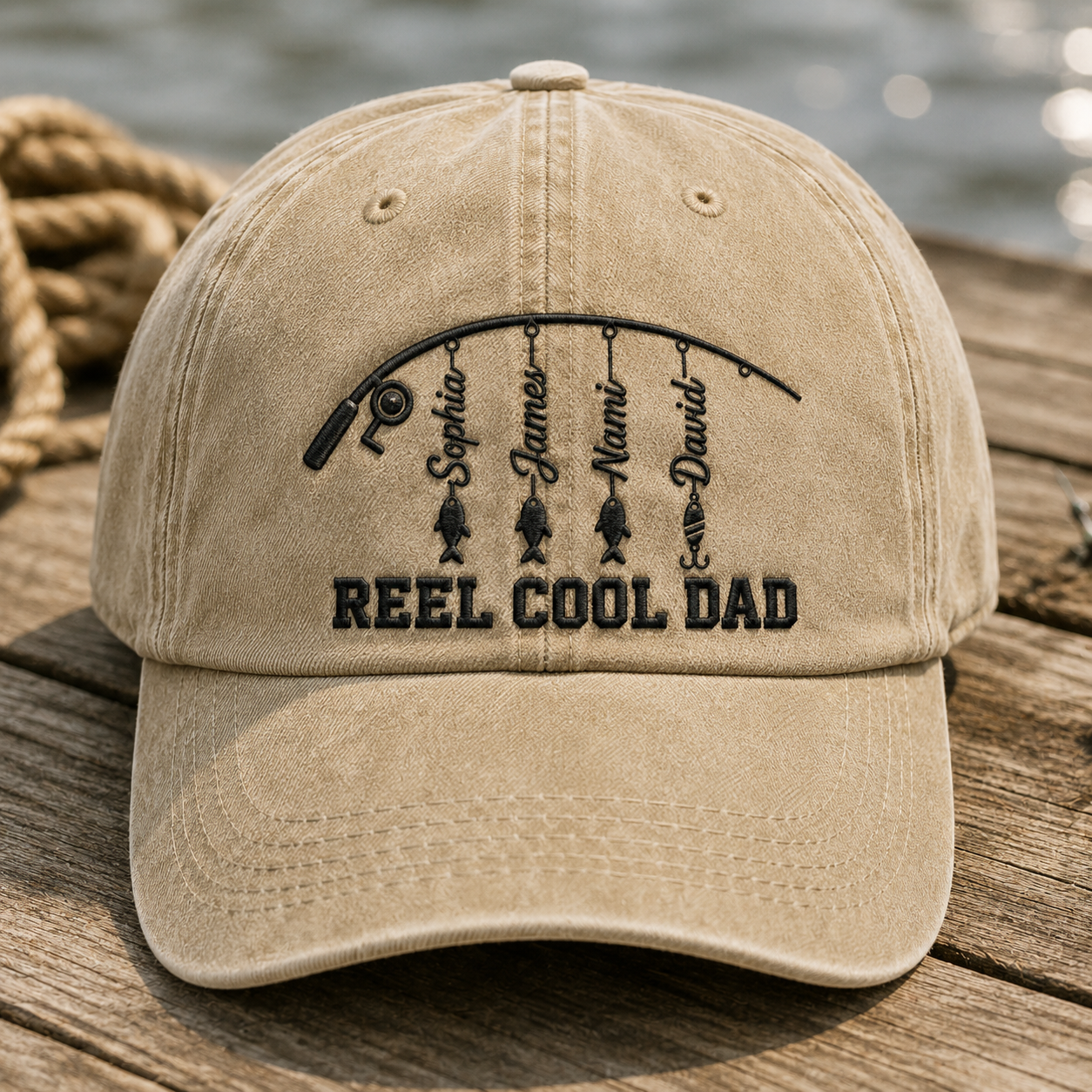 Reel Cool Dad Washed Cap, Custom Fishing Hat with Kids Names, Father's Day Gift - Washed Cap - front view
