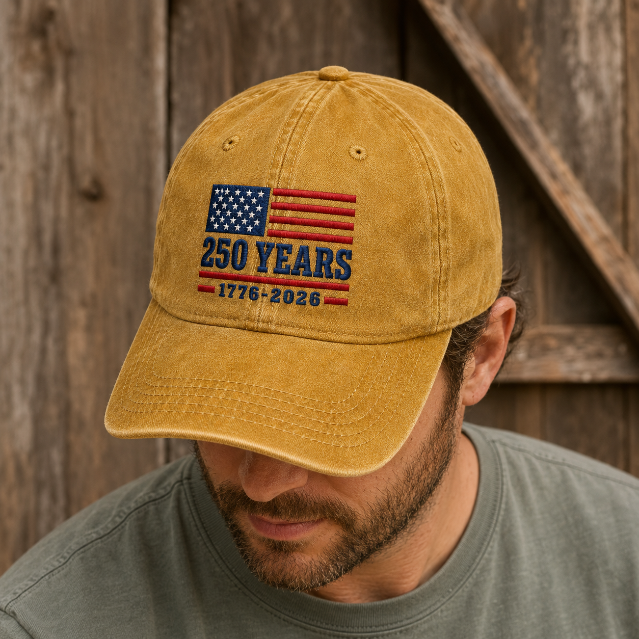 250 Years 1776-2026 USA Flag Washed Cap, America 250th Birthday Hat - washed cap - lifestyle view 8