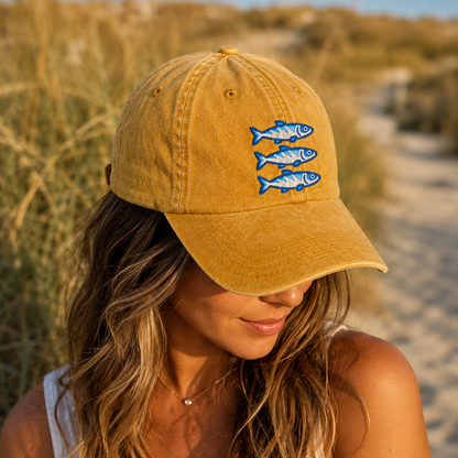 Three Blue Sardines Washed Cap, Embroidered Fish Hat for Seafood Lovers - Washed Cap - lifestyle view 8