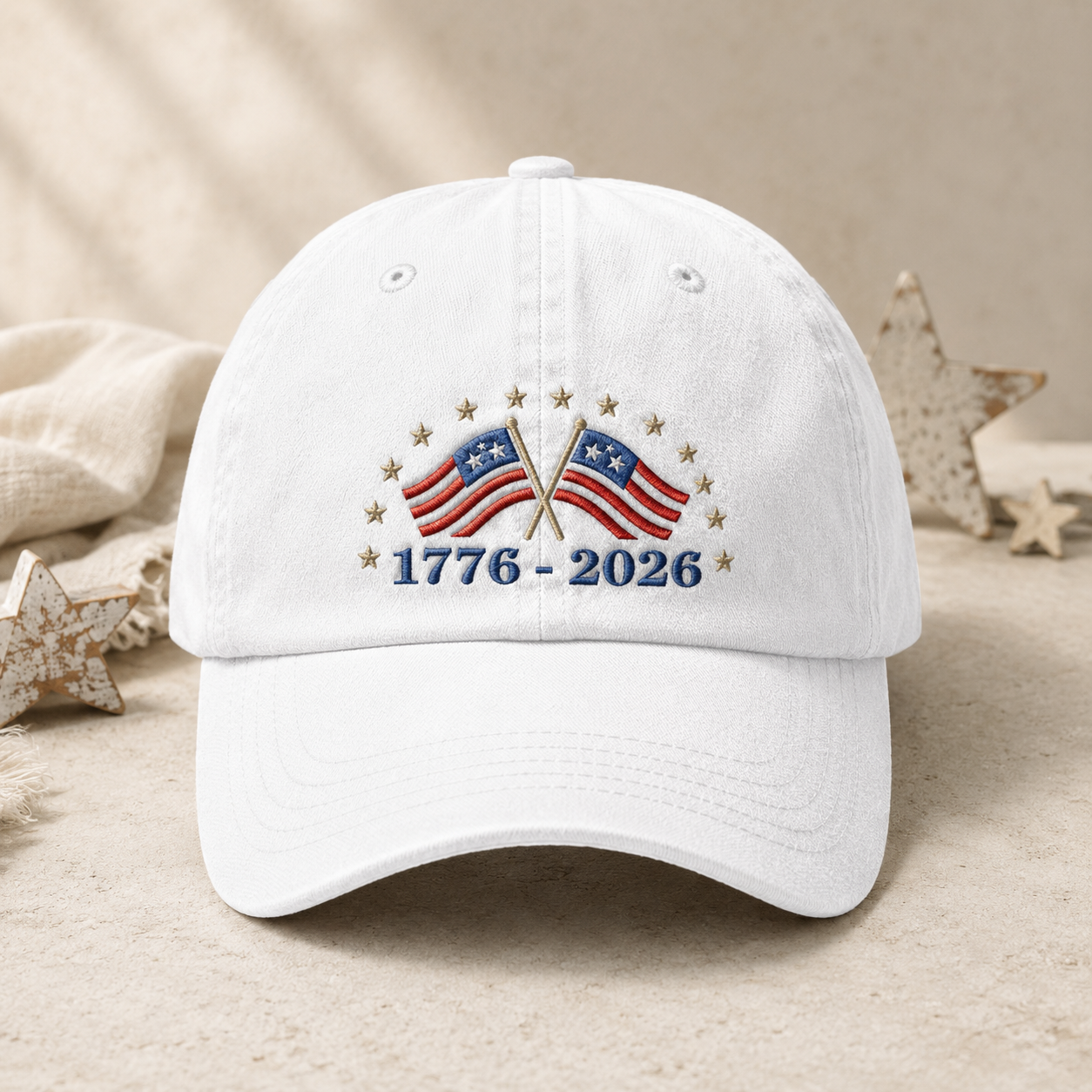 1776-2026 American Flag Washed Cap, 250th Anniversary Patriotic Hat - washed cap - front view
