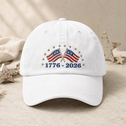 1776-2026 American Flag Washed Cap, 250th Anniversary Patriotic Hat - washed cap - front view