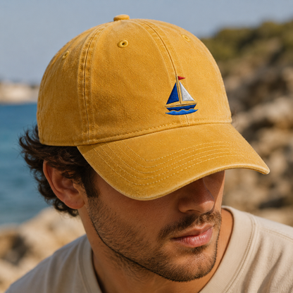 Embroidered Sailboat Washed Cap, Nautical Beach Hat for Boaters - Washed Cap - lifestyle view 4
