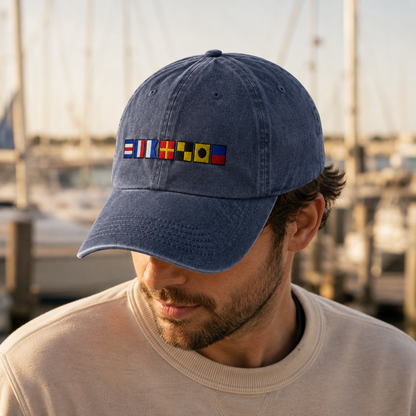 Nautical Signal Flag Washed Cap, Maritime Code Embroidered Hat for Sailors - washed cap - lifestyle view 6