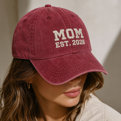 Mom Est. 2026 Washed Cap, New Mom Embroidered Hat, Pregnancy Announcement Gift - Washed Cap - lifestyle view 4