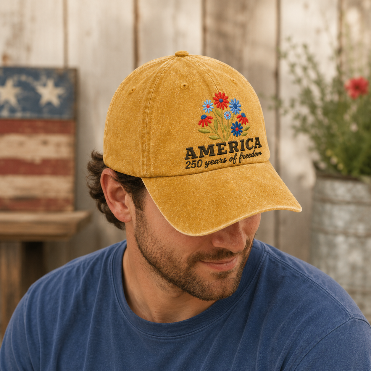 America 250 Years of Freedom Washed Cap, Patriotic Floral Hat for 4th of July - washed cap - lifestyle view 7