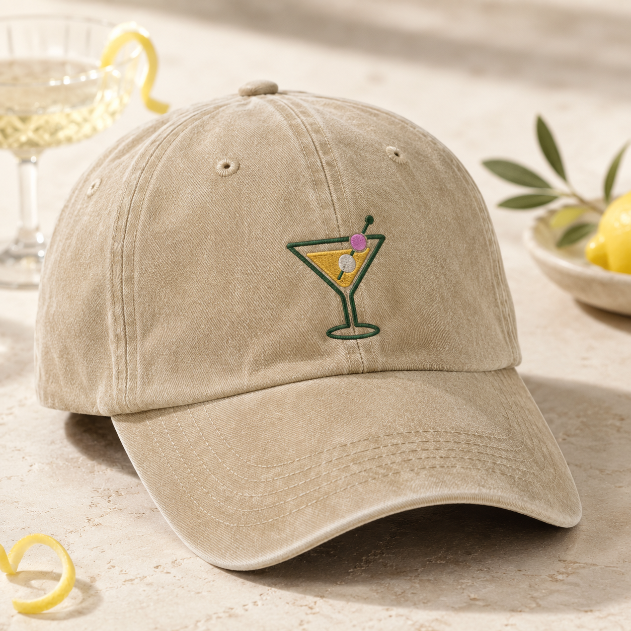 Martini Cocktail Washed Cap, Embroidered Happy Hour Hat for Bar Lovers - Washed Cap - detail view
