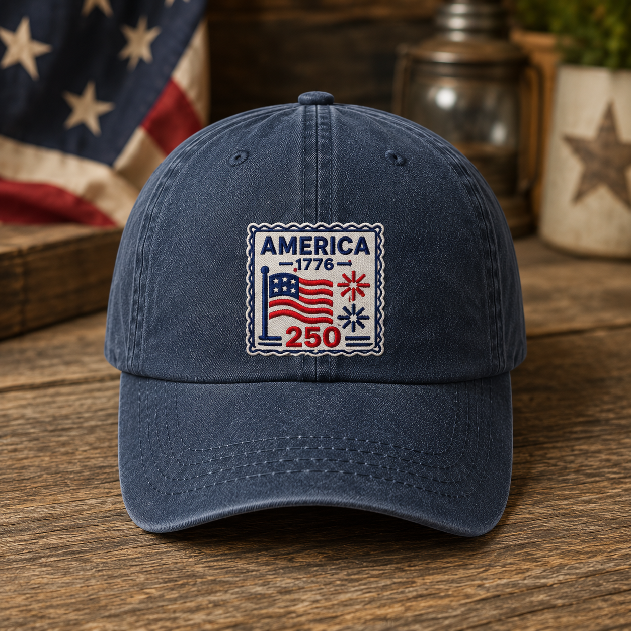 America 1776 250 Washed Cap, Patriotic USA Semiquincentennial Hat - washed cap - front view