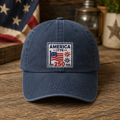 America 1776 250 Washed Cap, Patriotic USA Semiquincentennial Hat - washed cap - front view