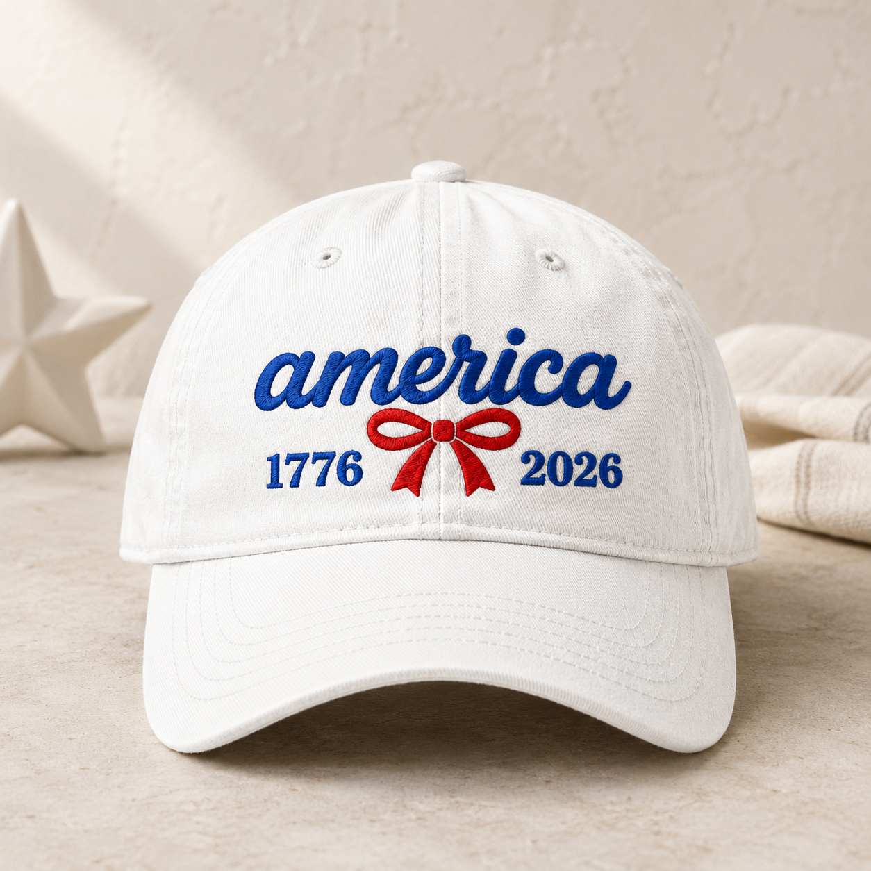 America 1776 2026 Washed Cap, Red Bow Patriotic Dad Hat for 250th Birthday - washed cap - front view