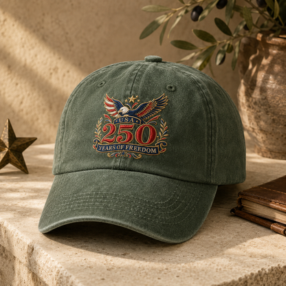 USA 250 Years of Freedom Washed Cap, Patriotic Eagle Anniversary Hat - washed cap - lifestyle view 4