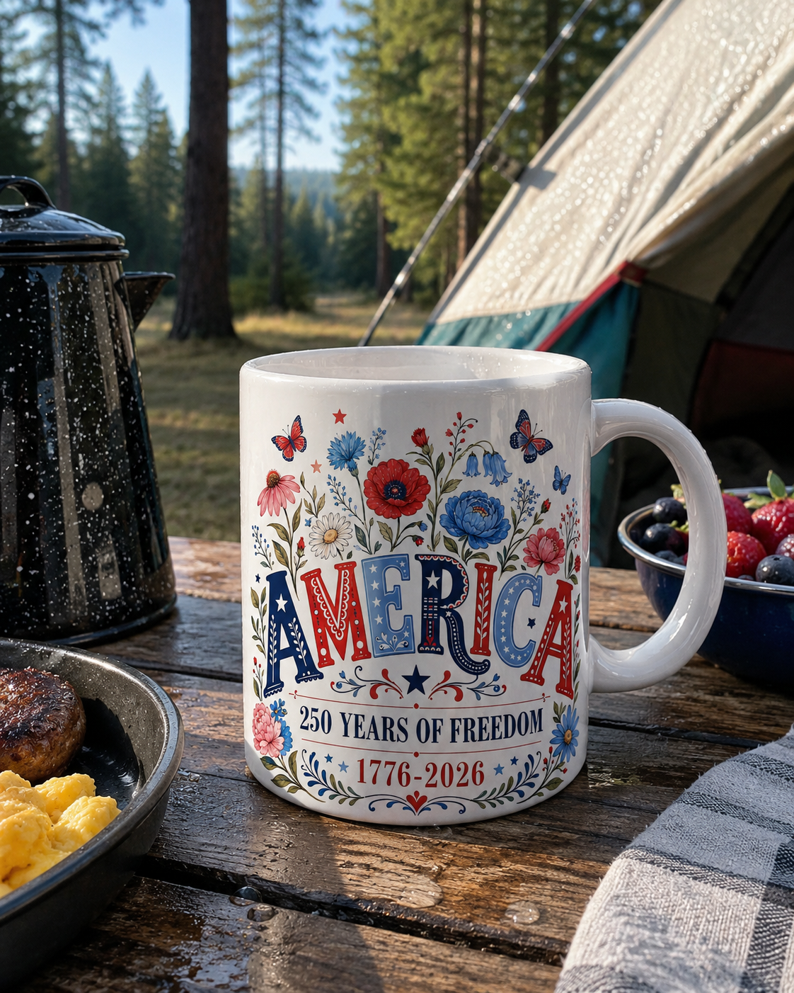 America 250 Years of Freedom Coffee Mug, 1776-2026 Patriotic Floral Gift - Mug - lifestyle view 9