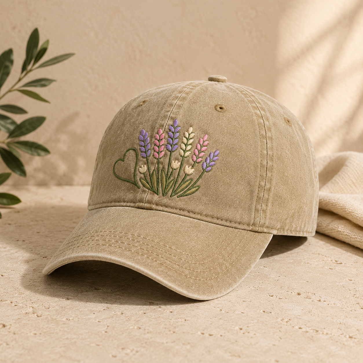 Lavender Wildflower Washed Cap, Embroidered Floral Hat for Garden Lovers - washed cap - lifestyle view 2