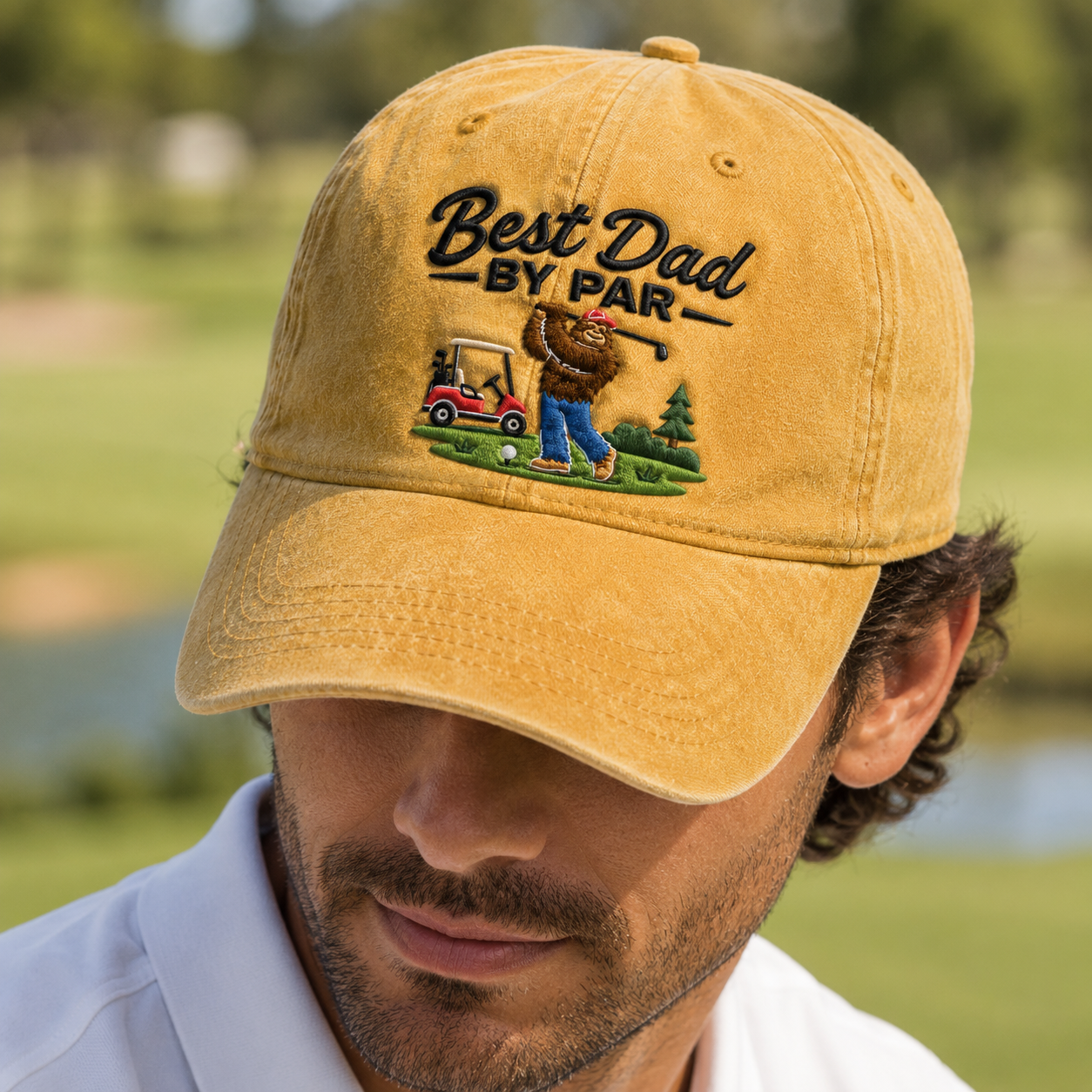 Best Dad By Par Washed Cap, Sasquatch Golf Hat, Father's Day Gift for Golfer Dad - Washed Cap - lifestyle view 4