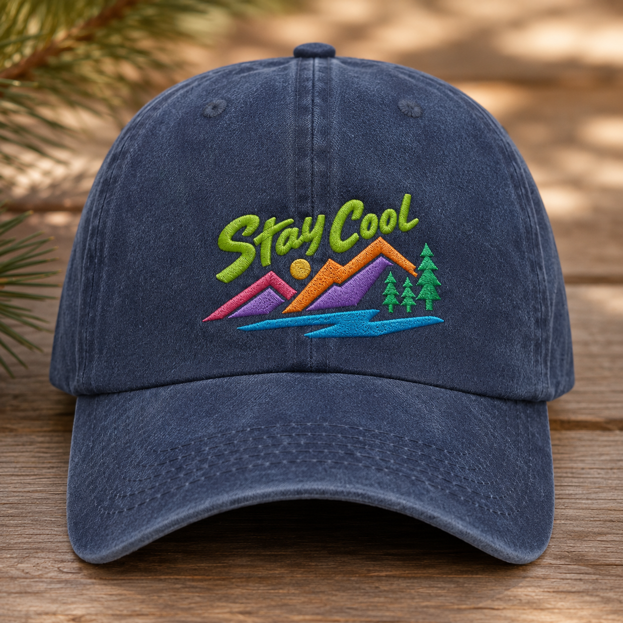 Stay Cool Washed Cap, Embroidered Mountain River Dad Hat for Outdoor Adventure Gift - Washed Cap - front view