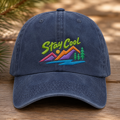 Stay Cool Washed Cap, Embroidered Mountain River Dad Hat for Outdoor Adventure Gift - Washed Cap - front view