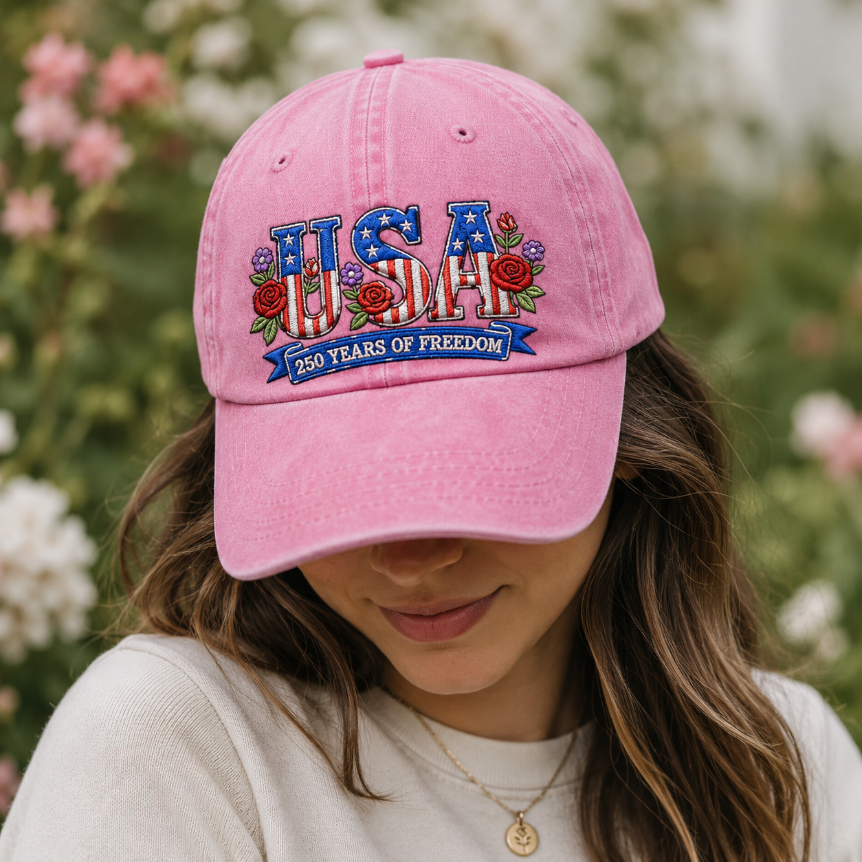 USA 250 Years of Freedom Washed Cap, Patriotic Embroidered Hat - washed cap - detail view