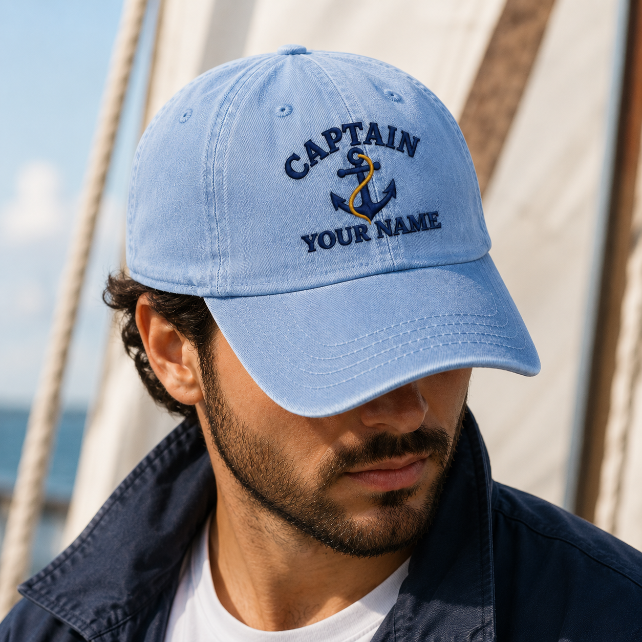 Captain Your Name Hat, Nautical Anchor Baseball Cap - Washed Cap - lifestyle view 4