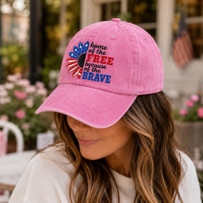 Home of the Free Because of the Brave Washed Cap, Patriotic Sunflower Military Gift - washed cap - detail view