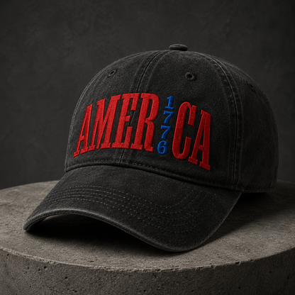 America 1776 Washed Cap, Patriotic Embroidered Hat for USA Fans - washed cap - lifestyle view 3