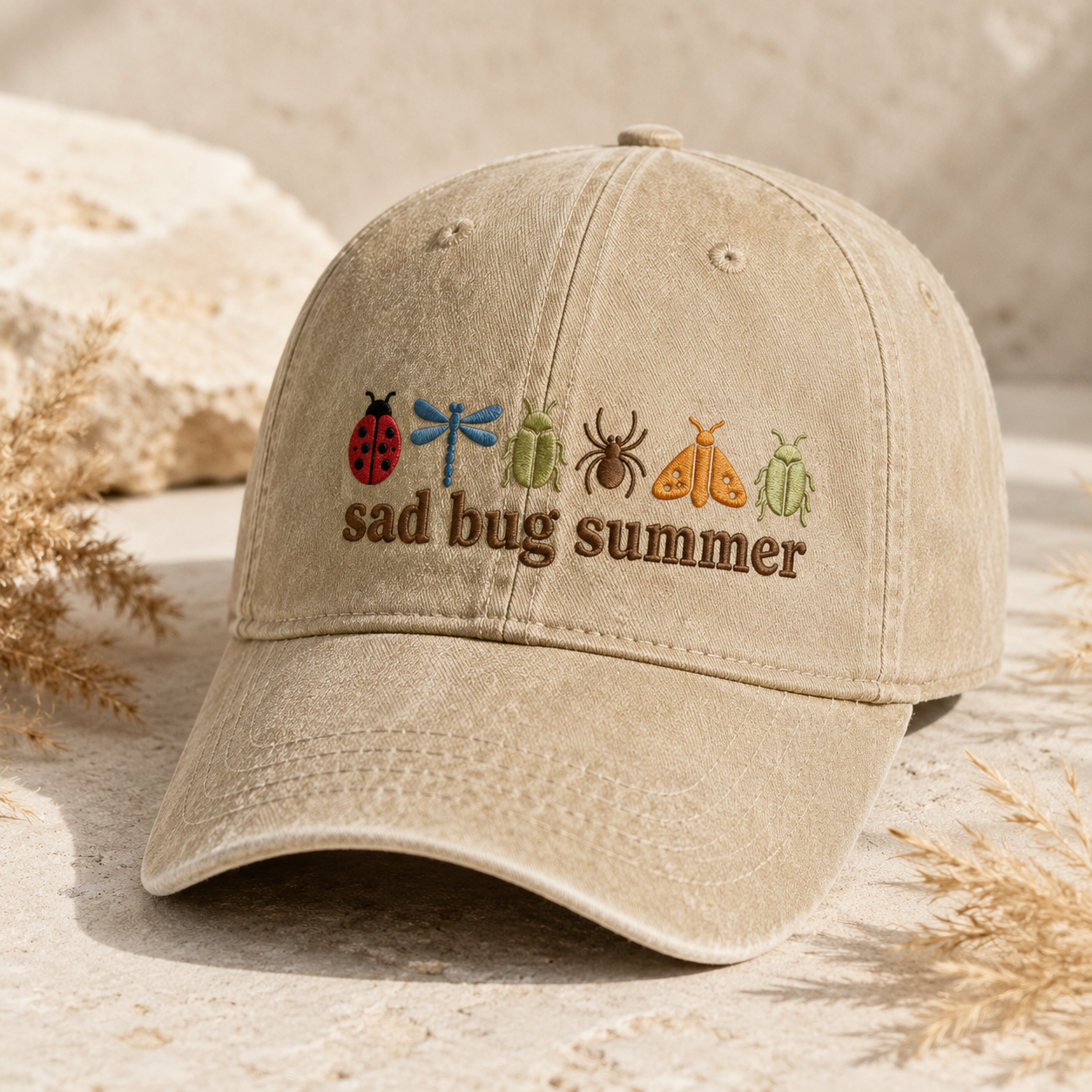 Sad Bug Summer Washed Cap, Embroidered Insect Baseball Hat - Washed Cap - detail view