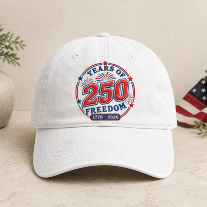 Years of 250 Freedom Washed Cap, Patriotic 1776 2026 America Birthday Hat - washed cap - front view