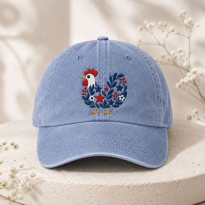 Folk Rooster Washed Cap, Embroidered Floral Chicken Baseball Hat - washed cap - lifestyle view 5