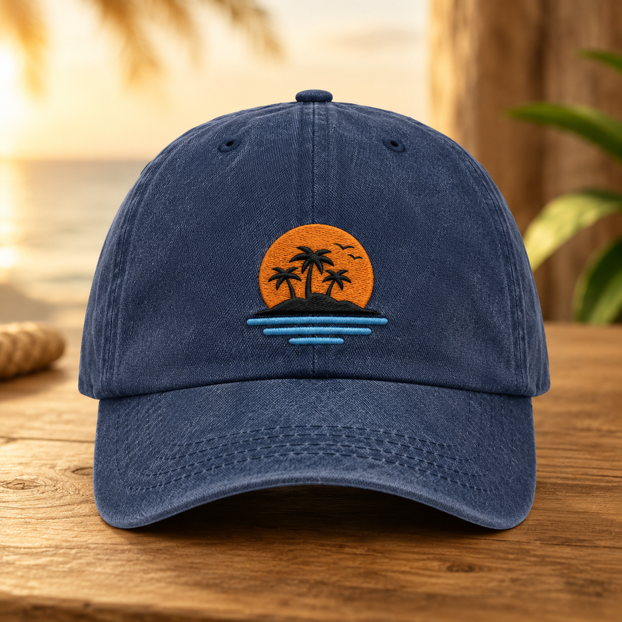 Tropical Sunset Washed Cap, Palm Tree Island Beach Vacation Hat - Washed Cap - front view