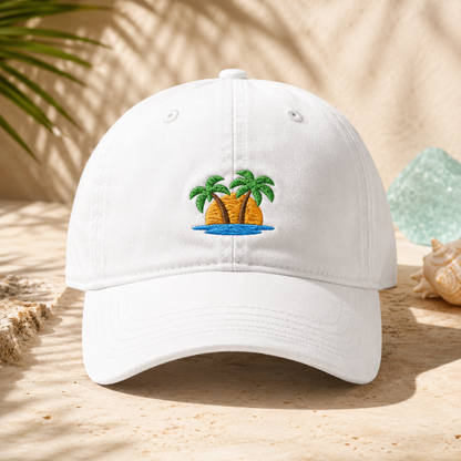 Tropical Island Washed Cap, Embroidered Palm Tree Beach Hat - Washed Cap - detail view