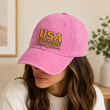USA 1776-2026 Washed Cap, Patriotic 250th Anniversary Hat - washed cap - detail view