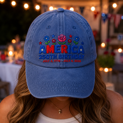 America 250th Birthday Washed Cap, July 4 1776-2026 Patriotic Hat - washed cap - detail view