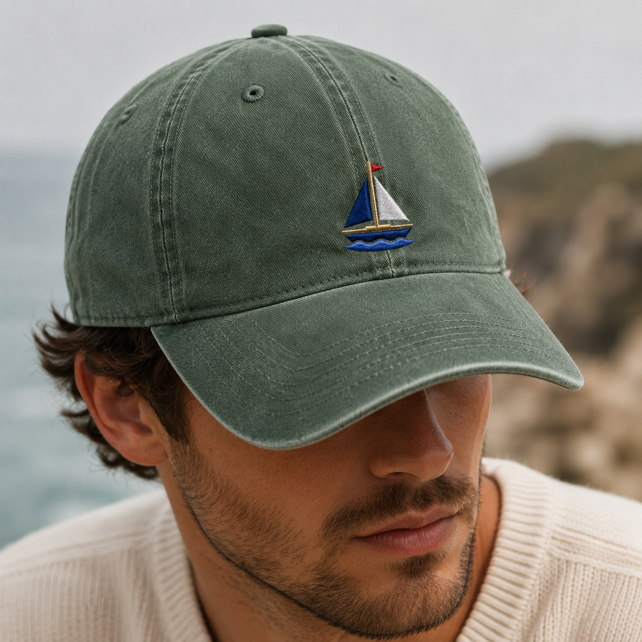 Embroidered Sailboat Washed Cap, Nautical Beach Hat for Boaters - Washed Cap - lifestyle view 3