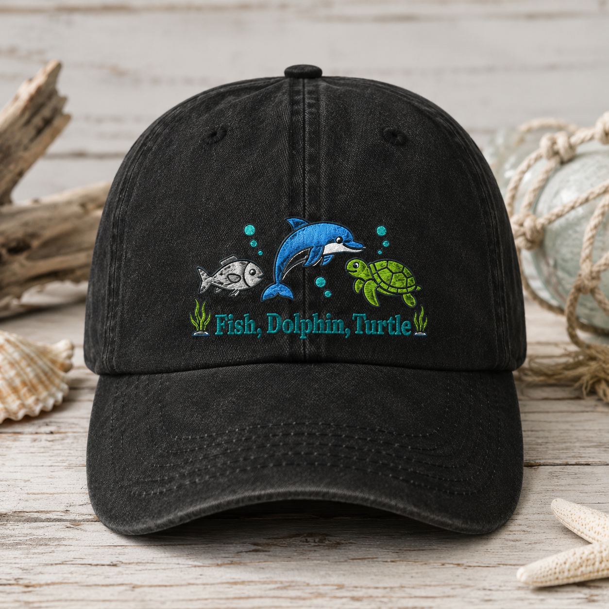 Fish, Dolphin, Turtle Washed Cap, Ocean Animal Embroidered Hat for Sea Life Lovers - Washed Cap - front view