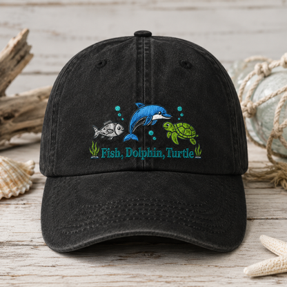 Fish, Dolphin, Turtle Washed Cap, Ocean Animal Embroidered Hat for Sea Life Lovers - Washed Cap - front view