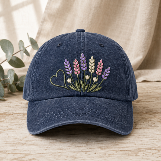 Lavender Wildflower Washed Cap, Embroidered Floral Hat for Garden Lovers - washed cap - front view