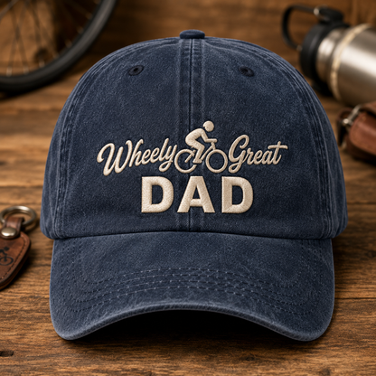 Wheely Great Dad Washed Cap, Funny Cycling Father Gift - Washed Cap - front view