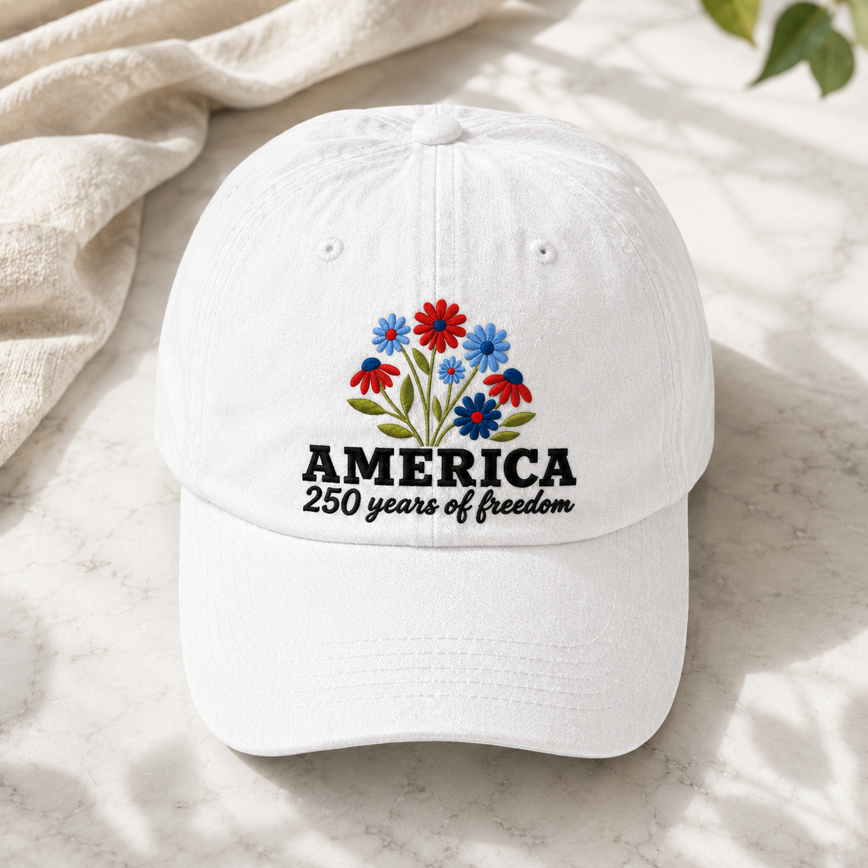 America 250 Years of Freedom Washed Cap, Patriotic Floral Hat for 4th of July - washed cap - lifestyle view 3